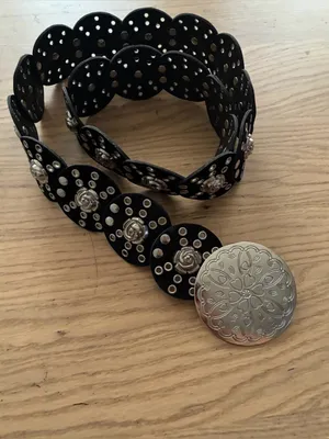 Vintage Wide Faux Leather Belt with Concho Discs Adjustable Roses Details thumbnail 5