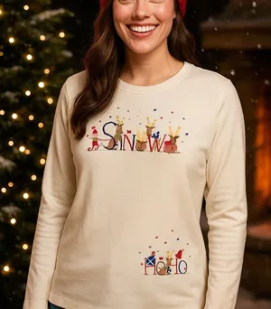 White Stag L Christmas Holiday Top Embroidered Reindeer Rhinestone Bells Snow thumbnail 1