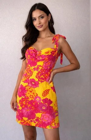 PrettyLittleThing Yellow & Pink Floral Tie-Shoulder Mini Dress thumbnail 1