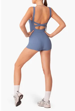 Edikted Drea Open Back Blue Sleeveless Ribbed Romper thumbnail 5