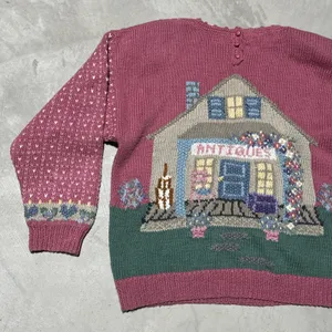 Vintage Hand Knitted Cardigan Sweater SZ L Cottagecore Antiques Farm House Pink thumbnail 13