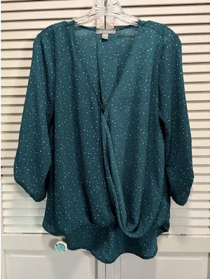 Peace‎ & Pearls Green/Wh Polkadot Chiffon Wrap Front 3/4 Tab Sleeve Blouse Sz M thumbnail 1