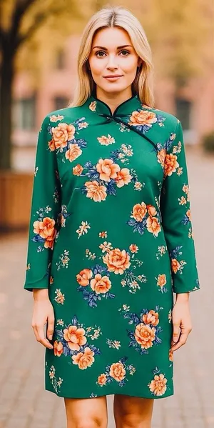ZARA WOMAN Cheongsam Mini Dress Mandarin Collar Green Floral Size Small thumbnail 1