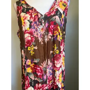 Vintage Floral Crinkle Maxi Dress L boho‎ whimsi dainty beach Brown Sleeveless thumbnail 2