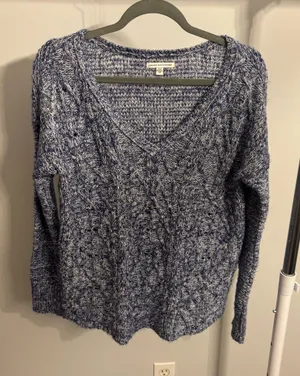 American Eagle Outfitters Blue Marled Cable Knit V-Neck Sweater thumbnail 1
