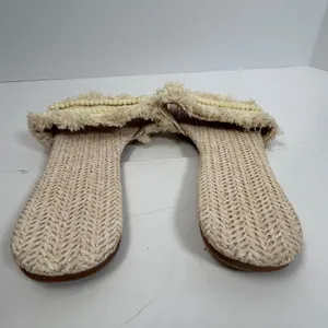 Woven Straw Slide Sandals Beige Fringe Pom Pom Trim‎ Flat Beach Size 10 thumbnail 4