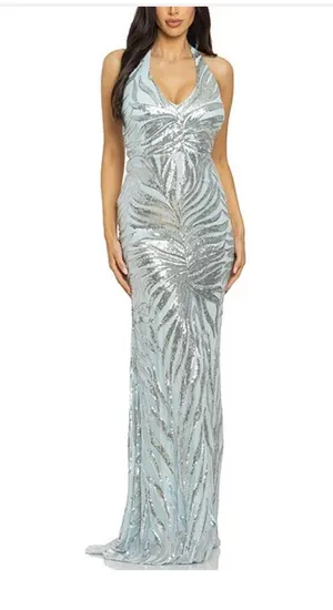 B Darlin Sequin Halter V-Neck Long Gown Prom Dress thumbnail 4
