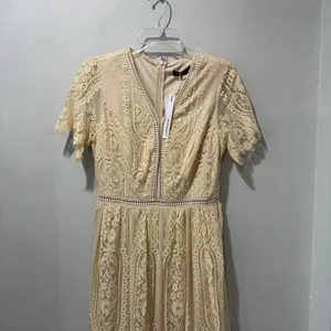 MEROKEETY Beige Nude Lace‎ Floral Maxi Dress Sz M Sheer Boho Romantic Fairy NWT thumbnail 5