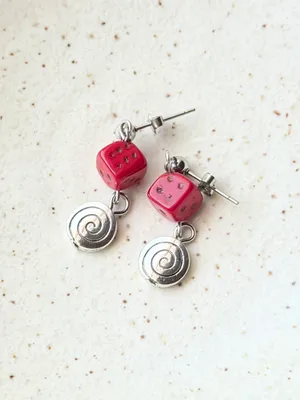 Handmade y2k funky unique red dice Czech glass & swirl dangle earrings ❤️🌀 thumbnail 4