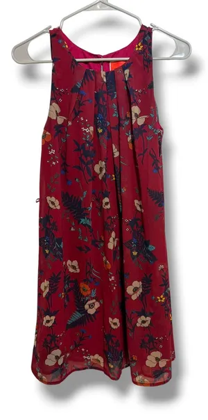 ModCloth Dress Womens S Red Floral Chiffon Sleeveless Pleated Boho Mini Dress thumbnail 1