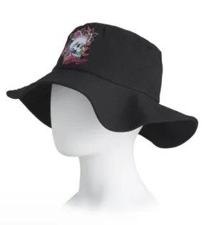 ED HARDY Black Embroidered Pink Roses and Skull Bucket Hat NWT thumbnail 1