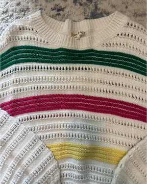 Willow & Clay White Knit Sweater with Green, Pink & Yellow Stripes thumbnail 3