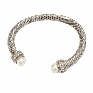 Silver stainless steel Twisted Cable Cuff Bangle Bracelet Pearl Clear Crystal thumbnail 2