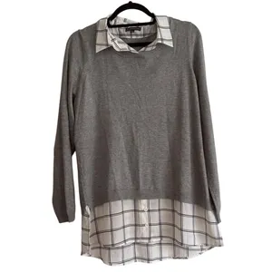 Adrianna Papell Womens Grey Layered Look Sweater Plaid Trim AD1S300211 Large‎ thumbnail 2
