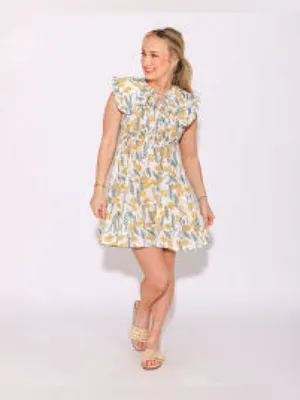 Umgee Honey Smocked Dress Cream Floral Button-Front Yellow Peter Pan collar thumbnail 6