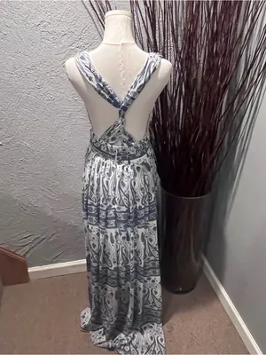 🌸AaKaa BLUE AND WHITE PAISLEY BOHO MAXI DRESS SIZE SMALL🌸 thumbnail 4