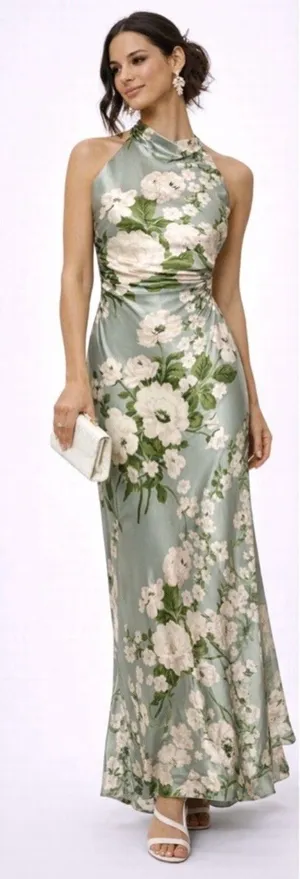 Reformation Anaiis Silk Dress Tarragon Floral Green Open Back High Neck Size 6 thumbnail 1