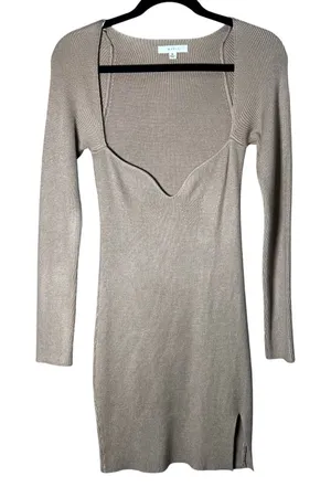Mable Long Sleeve Mini Sweater Dress Womens M Brown Ribbed Knit Sweetheart Neck thumbnail 1
