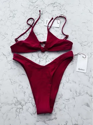 NWT Quince Cherry Red Knot Tie Bikini Top & High Leg Bottom Set Small thumbnail 1