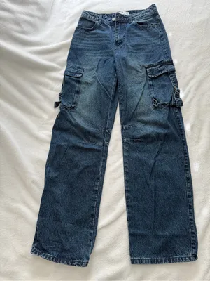 Women’s Dark Blue Cargo Denim Pants “flying Angel” Sz 27 thumbnail 1