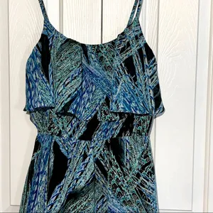 Lila Rose Dress Blue Green Black Print Sleeveless Ruffle Mini Dress Medium thumbnail 5