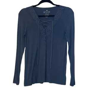 American Eagle Soft & Sexy Gray Lace Strappy Front Top thumbnail 1