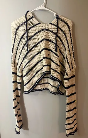 aerie‎ Cream and Navy Striped V-Neck Open-Knit Sweater thumbnail 1