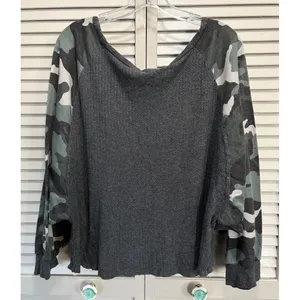 Pink Lily‎ Gray/Green Camo Thermal 3/4 Dolman Sleeve Top Size M Oversized thumbnail 5
