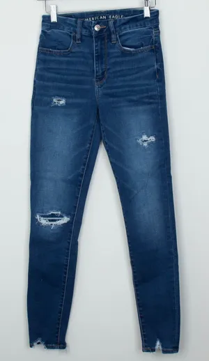 American Eagle Super Hi-Rise Skinny‎ Jeans Womens 2 Blue Distressed Frayed Hem thumbnail 1