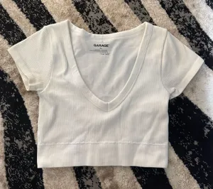 Garage White Ribbed V-Neck Cropped Top  thumbnail 1