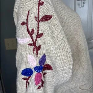 Knitted Long Cardigan Sweater Embroidered Flowers Chunky Size large. thumbnail 8