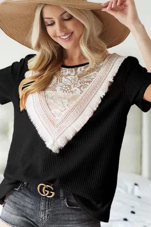 L BiBi Black Top with Pink Lace V-Inset thumbnail 1