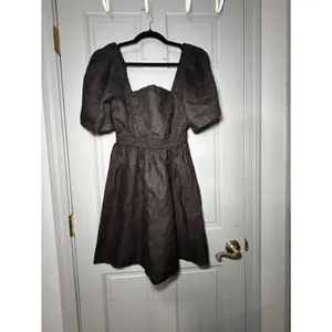 Linen Puff Sleeve Mini Dress Smocked Back Cottagecore Size 10 thumbnail 2