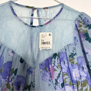 Free People Daphne Floral Lace Blouse In Silver Blue Combo NWT XS thumbnail 6