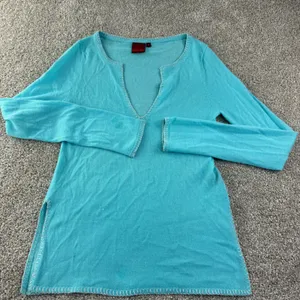 Bohemian‎ Turquoise Cashmere Sweater Spit V Neck Whipstitch Trim Women M Coastal thumbnail 1