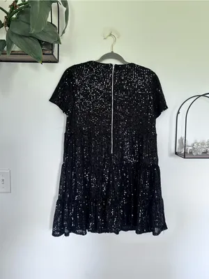 Lulus Black Fully Sequin Short Sleeve Shift Dress‎ Size Medium thumbnail 2