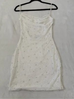 Windsor White Pearl Beaded Cowl Neck Mini Dress Open Back NWT Medium thumbnail 7