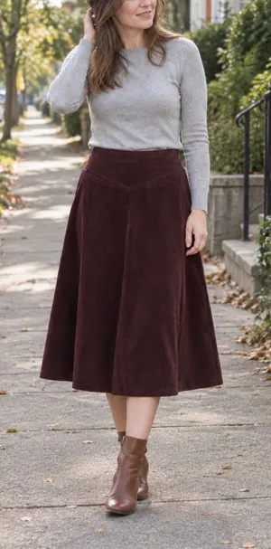 Laura Ashley Vintage Corduroy Midi Skirt Plum Burgundy A Line UK 12 US 10 thumbnail 1