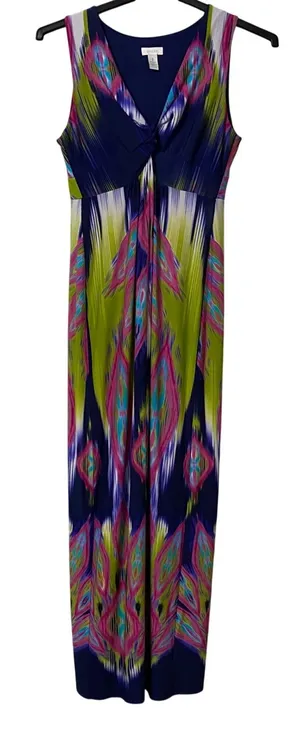 Chico's Maxi Dress Women's Sz1 Blue Pink Green Ikat Abstract Sleeveless Boho EUC thumbnail 1