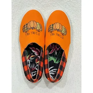 Orange Pumpkin “It’s Fall Y’all” Buffalo Plaid Canvas Slip On Sneakers Size 9.5 thumbnail 11