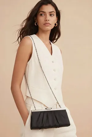Black Satin Evening Clutch With Silver Chain Strap and Kiss Lock Frame thumbnail 14