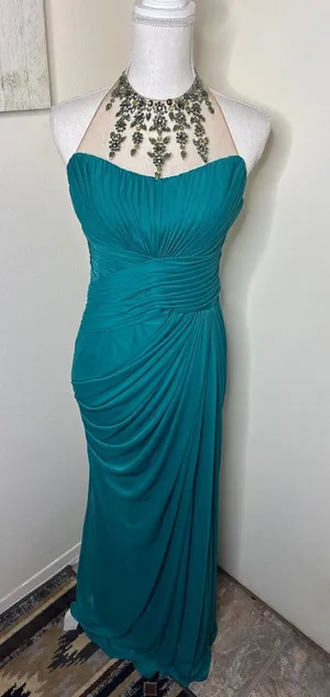 2010s Adrianna Papell Ruched Teal Gown With Beaded Halter- Size 10 Project Piece thumbnail 1