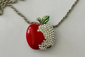 Gorgeous VCLM Rhinestone & Enamel Apple Pendant Necklace W A Silver Tone Chain thumbnail 3