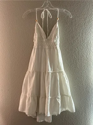 Off White Crochet Halter Beaded Tie Back Boho Tiered Mini Dress Tunic thumbnail 3