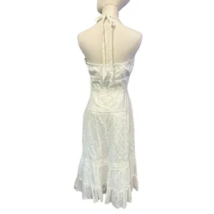 Sangria White Midi Dress Y2K Eyelet Baby Doll Halter Side Zip Cotton Size 8 FLAW thumbnail 6