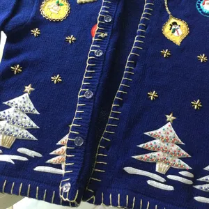 Vintage Victoria Harbour Embellished Christmas Sweater Cardigan Blue Ugly thumbnail 3