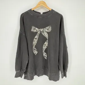 Aerie Lace Ribbon Bow Sweatshirt Charcoal Gray Oversized Keyhole Back Medium thumbnail 3