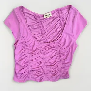 Open Edit Pink Ruched Short Sleeves Scoop Neck Stretchy Top Assymetrical Size L thumbnail 1