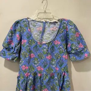 LOFT Women’s 2 Floral Babydoll Dress Blue Linen Blend Scoop‎ Neck Puff Sleeve thumbnail 6