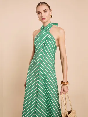 Few Moda o.p.t Green Size M Noelle Stretch Cotton Halter Long Striped Maxi Dress thumbnail 2